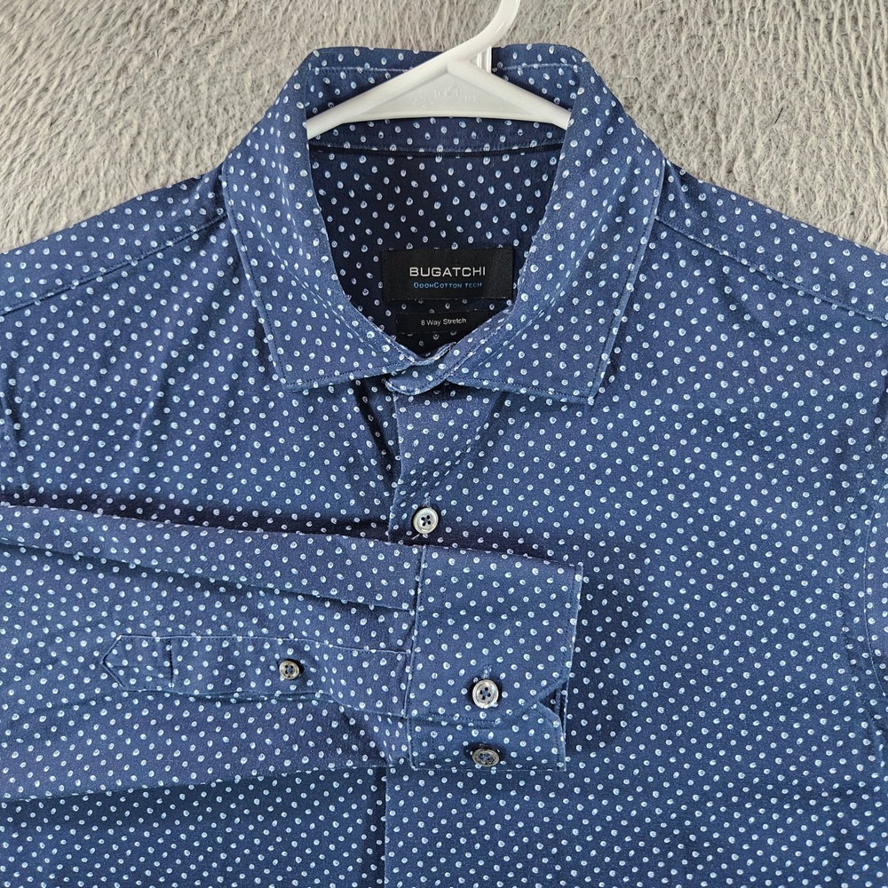 Bugatchi OoohCotton Tech Shirt Mens Small Navy Blue Dot 8 Way Stretch